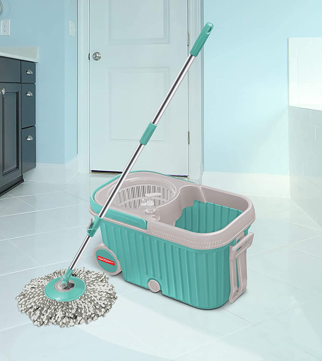 8703 Spin Mop with Bigger Wheels and Plastic Auto Fold Handle for 360 Degree Cleaning DeoDap 8703 Spin Mop with Bigger Wheels and Plastic Auto Fold Handle for 360 Degree Cleaning DeoDap
